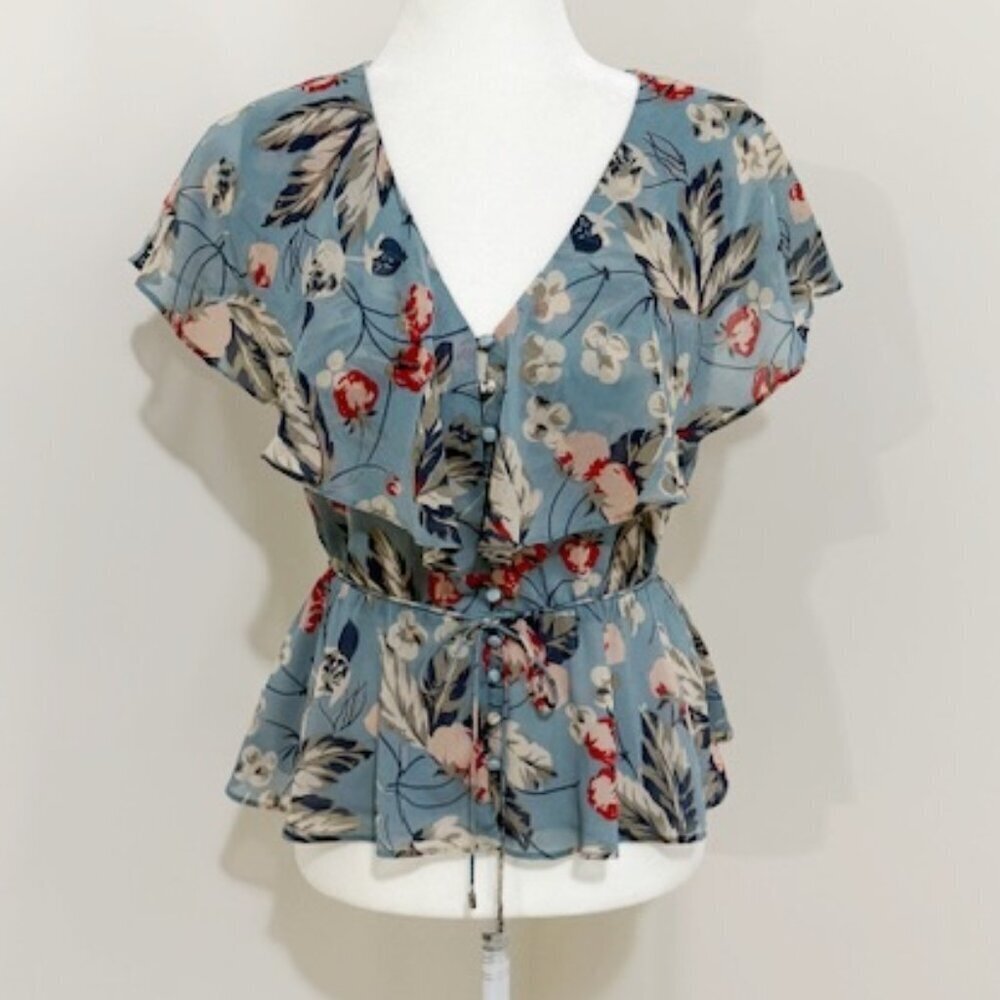Lauren Blue Floral Ruffle Button Top Blouse Flutter Sleeves Women's Size XS